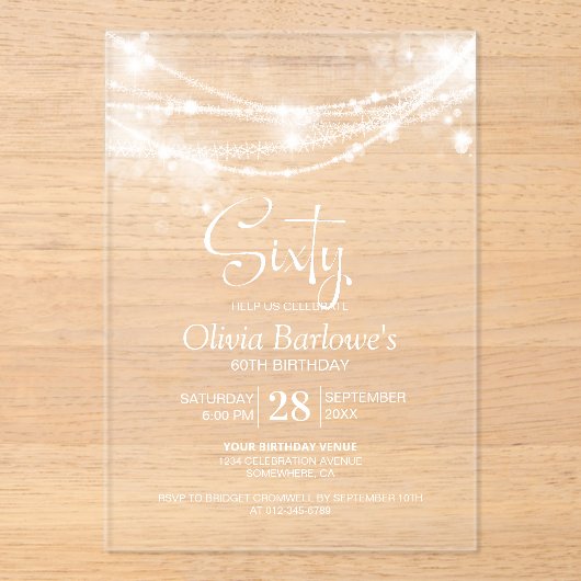 Elegant String Lights 60ste Verjaardagsfeest Acryl Uitnodigingen (Voorkant)
