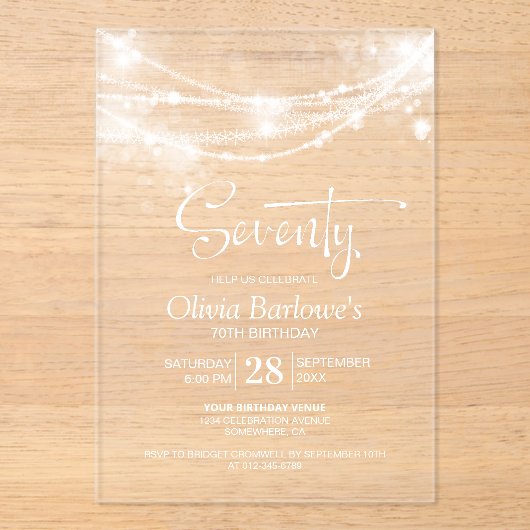 Elegant String Lights 70ste Verjaardagsfeest Acryl Uitnodigingen (Voorkant)