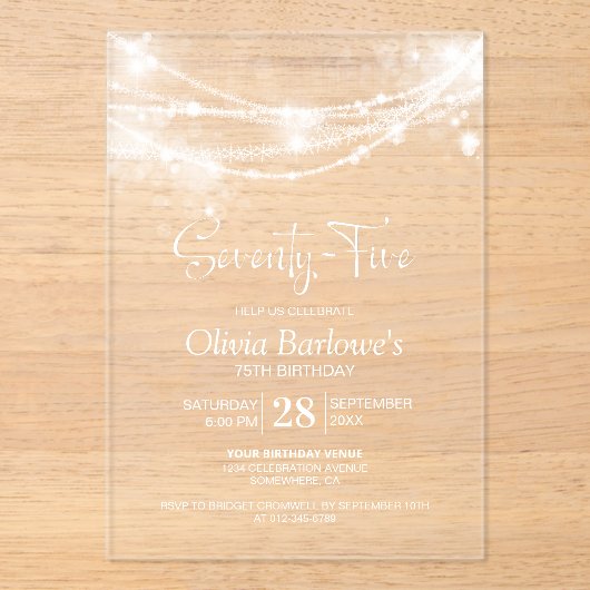 Elegant String Lights 75e Verjaardagsfeest Acryl Uitnodigingen (Voorkant)