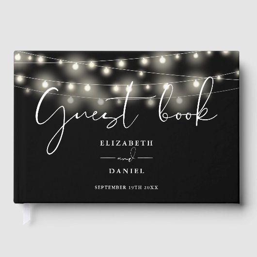 Elegant String Lights Black And White Wedding Gastenboek (Voorkant)