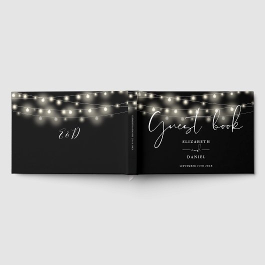 Elegant String Lights Black And White Wedding Gastenboek (Volledig)