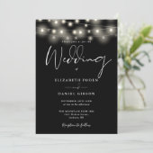 Elegant String Lights Black And White Wedding Kaart (Staand voorkant)