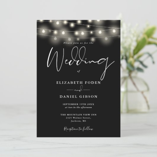 Elegant String Lights Black And White Wedding Kaart (Staand voorkant)