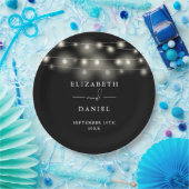 Elegant String Lights Black And White Wedding Papieren Bordje (Feest)