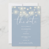 Elegant String Lights Dusty Blue QR Code Wedding Save The Date (Voorkant)