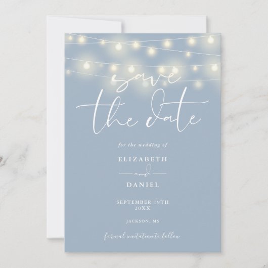 Elegant String Lights Dusty Blue QR Code Wedding Save The Date (Voorkant)