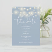 Elegant String Lights Dusty Blue QR Code Wedding Save The Date (Staand voorkant)