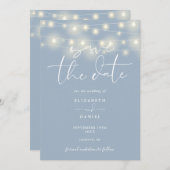 Elegant String Lights Dusty Blue QR Code Wedding Save The Date (Voorkant / Achterkant)