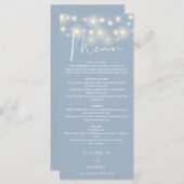 Elegant String Lights Dusty Blue Wedding Dinner Menu (Voorkant / Achterkant)