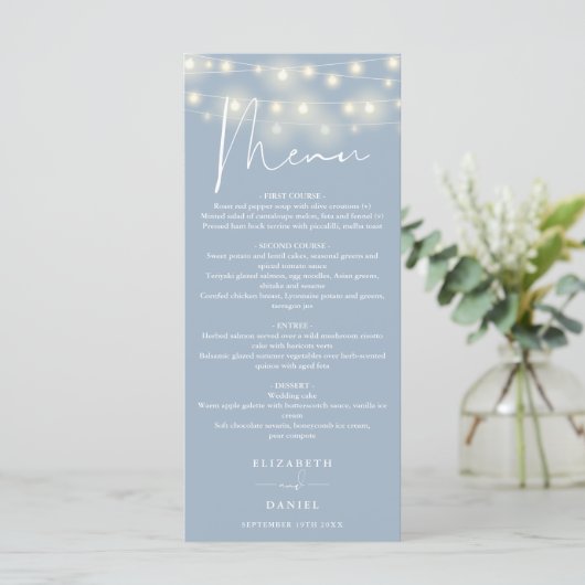 Elegant String Lights Dusty Blue Wedding Dinner Menu (Staand voorkant)