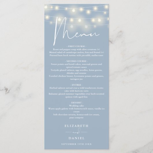 Elegant String Lights Dusty Blue Wedding Dinner Menu (Voorkant)