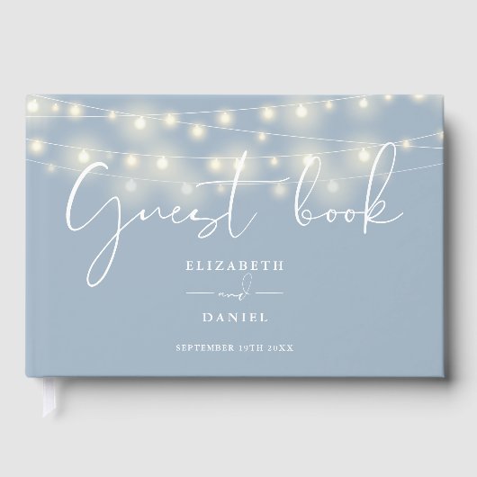 Elegant String Lights Dusty Blue Wedding Gastenboek (Voorkant)