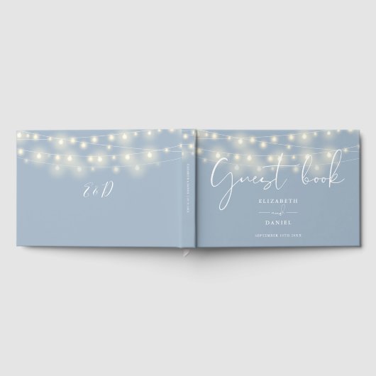 Elegant String Lights Dusty Blue Wedding Gastenboek (Volledig)