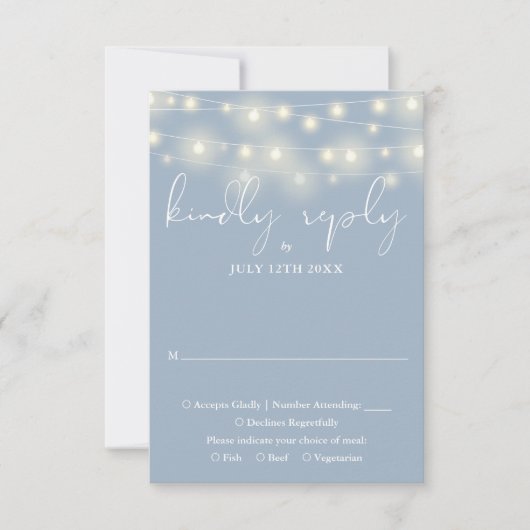 Elegant String Lights Dusty Blue Wedding RSVP Kaartje (Voorkant)