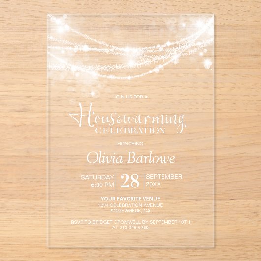 Elegant String Lights Housewarming Party Acryl Uitnodigingen (Voorkant)