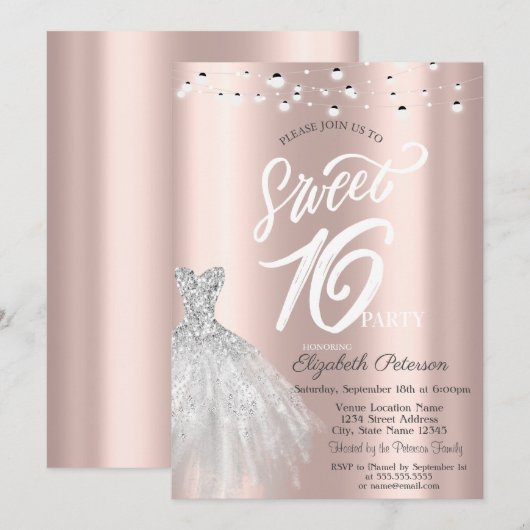 Elegant String Lights Jurk Roos Gold Sweet 16 Kaart (Voorkant / Achterkant)