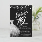 Elegant String Lights Jurk Zwart Sweet 16 Kaart (Staand voorkant)