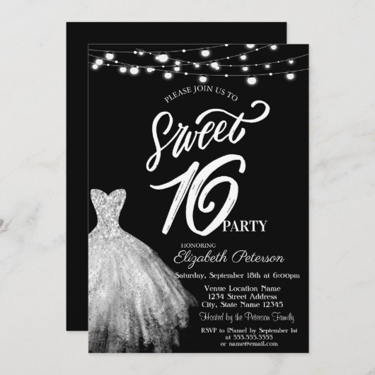 Elegant String Lights Jurk Zwart Sweet 16 Kaart (Voorkant / Achterkant)