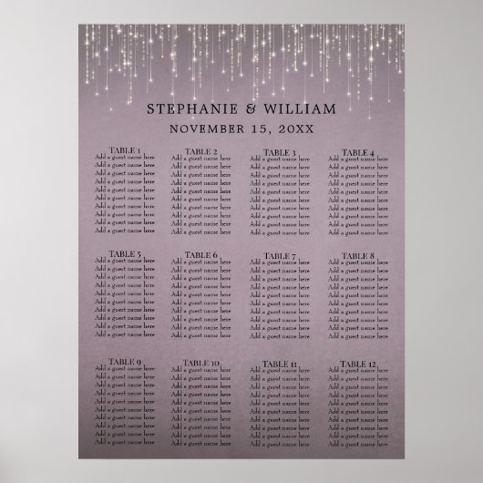 Elegant String Lights Mauve Roos Seating Chart Poster (Voorkant)