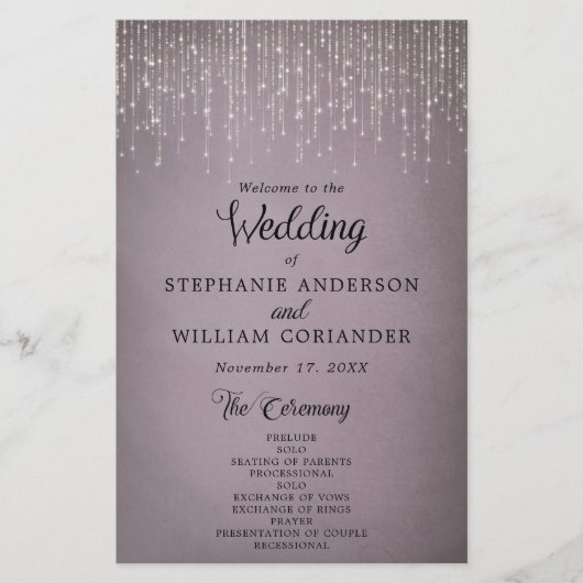 Elegant String Lights Mauve Wedding Programme (Voorkant)