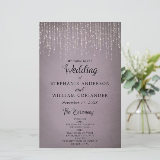 Elegant String Lights Mauve Wedding Programme (Staand voorkant)