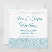 Elegant String Lights met Blue Floral Invitation Kaart (Voorkant)