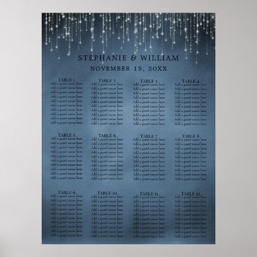 Elegant String Lights Navy Blue Seating Chart Poster (Voorkant)