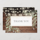Elegant String Lights Rustic Wood Greenery Bedankkaart (Voorkant / Achterkant)