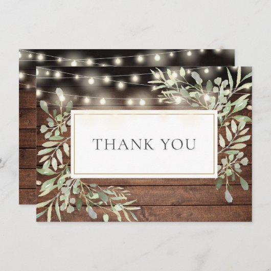 Elegant String Lights Rustic Wood Greenery Bedankkaart (Voorkant / Achterkant)