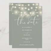 Elegant String Lights Sage Green QR Code Wedding Save The Date (Voorkant / Achterkant)