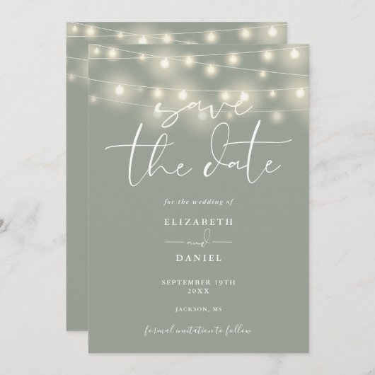 Elegant String Lights Sage Green QR Code Wedding Save The Date (Voorkant / Achterkant)