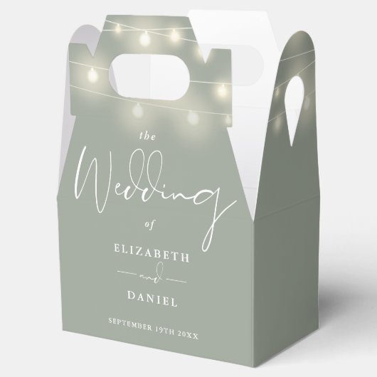 Elegant String Lights Sage Green Wedding Bedankdoosjes (Geopend)