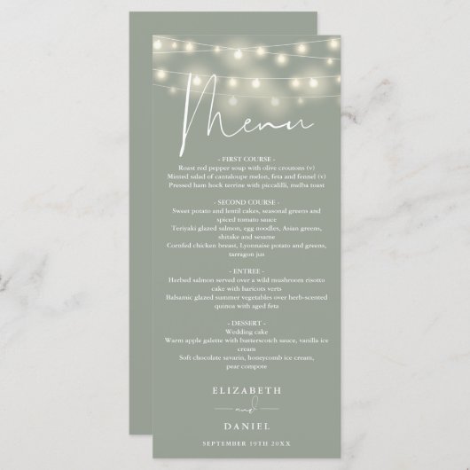 Elegant String Lights Sage Green Wedding Dinner Menu (Voorkant / Achterkant)