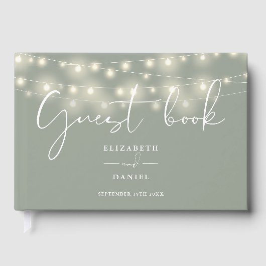 Elegant String Lights Sage Green Wedding Gastenboek (Voorkant)