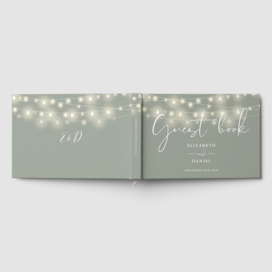 Elegant String Lights Sage Green Wedding Gastenboek (Volledig)