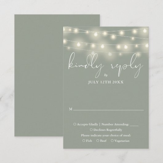 Elegant String Lights Sage Green Wedding RSVP Kaartje (Voorkant / Achterkant)