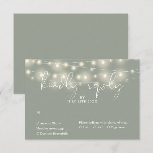 Elegant String Lights Sage Green Wedding RSVP Kaartje (Voorkant / Achterkant)