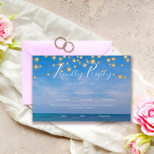 Elegant String Lights Summer Beach Arbor Wedding RSVP Kaartje
