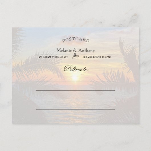 Elegant String Lights Sunset Summer Beach Wedding Aankondigingskaart (Achterkant)