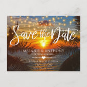 Elegant String Lights Sunset Summer Beach Wedding Aankondigingskaart (Voorkant)