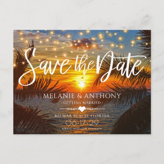 Elegant String Lights Sunset Summer Beach Wedding Aankondigingskaart (Voorkant)