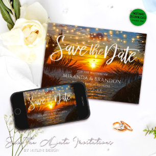 Elegant String Lights Sunset Summer Beach Wedding Save The Date