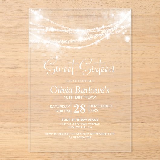 Elegant String Lights Sweet 16 Verjaardagsfeest Acryl Uitnodigingen (Voorkant)