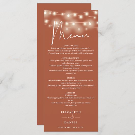Elegant String Lights Terracotta Wedding Dinner Menu (Voorkant / Achterkant)