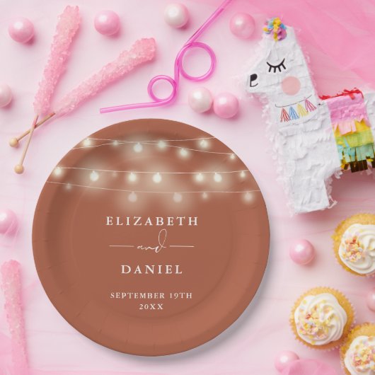 Elegant String Lights Terracotta Wedding Papieren Bordje (Feest)