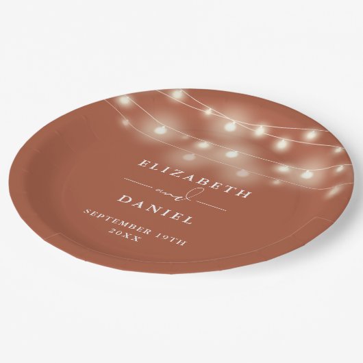 Elegant String Lights Terracotta Wedding Papieren Bordje (Gekanteld)
