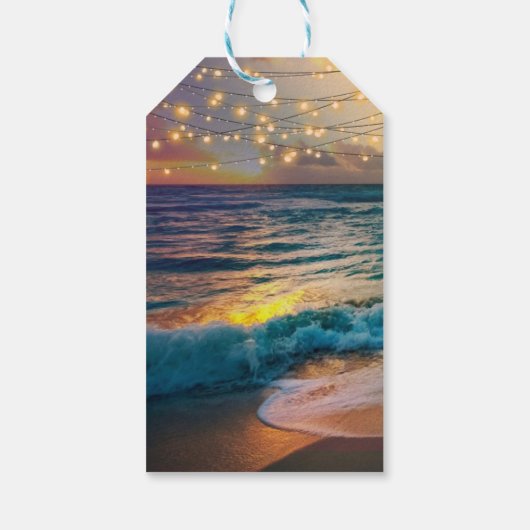 Elegant String Lights Tropical Beach Wedding Cadeaulabel (Achterkant)