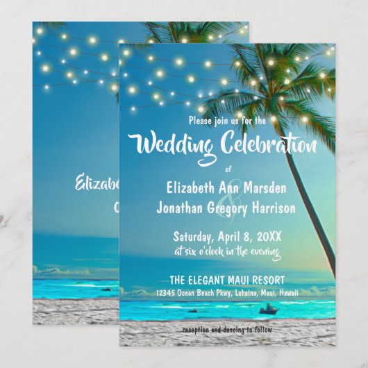 Elegant String Lights Tropical Beach Wedding Kaart (Voorkant / Achterkant)