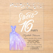 Elegant String Lights Violet Dress Sweet 16 Acryl Uitnodigingen (Voorkant)