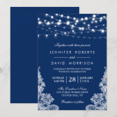 Elegant String Lights White Lace Navy Blue Wedding Kaart (Voorkant / Achterkant)